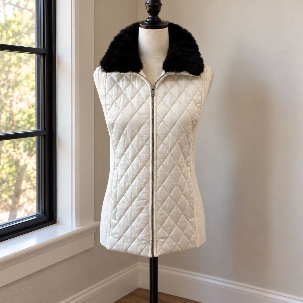 Talbots Quilted Cream Vest With Faux Fur Collar Zip Ribbed Knit Back Women’s M